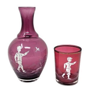 Mary Gregory Cranberry Glass Tumble Up Vintage Boy w/Bird Carafe & Tumbler Set